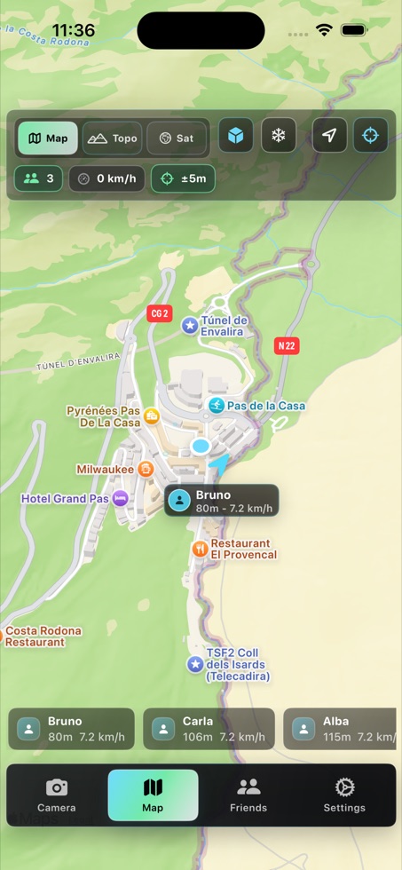 SightFind mountain map showing friends and ski slopes